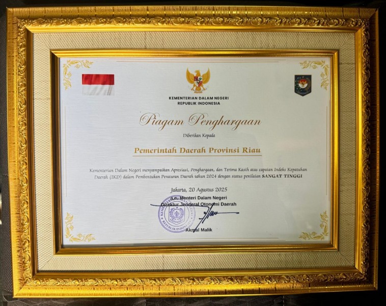 Riau Raih Predikat Nasional 'Sangat Tinggi' dalam Pembentukan Produk Hukum Daerah