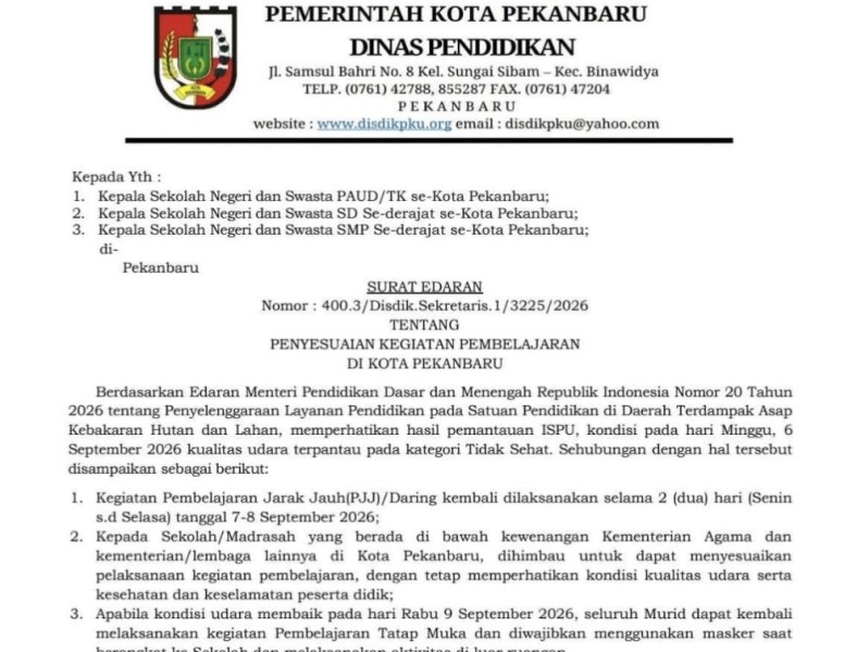 Kualitas Udara Tak Sehat, Siswa Pekanbaru Kembali Belajar dari Rumah 2 Hari