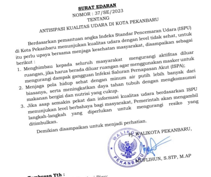Wako Pekanbaru Terbitkan Surat Edaran Sikapi Kabut Asap yang Semakin Parah