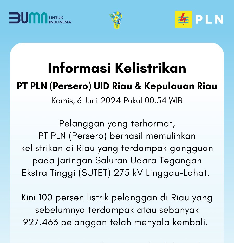 Berhasil Dipulihkan, 100 Persen Listrik di Riau Telah Menyala Kembali