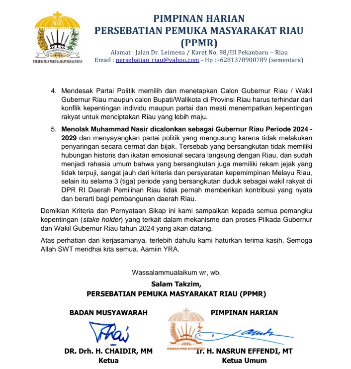 FKPMR dan PPMR Tolak Nasir Calon Gubernur Riau, Ini Alasannya