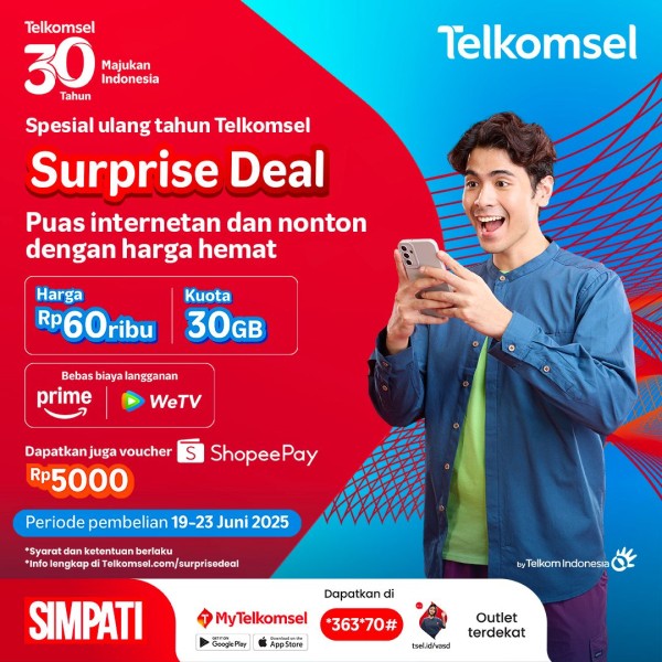 Berlaku Hingga 23 Juni, Telkomsel Hadirkan Surprise Deal Internet dalam HUT ke-30, Kuota 30GB Mulai Rp60.000