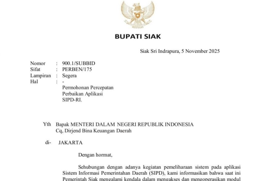 SIPD Kemendagri Ada Gangguan, Bupati Siak Bersurat ke Wamendagri