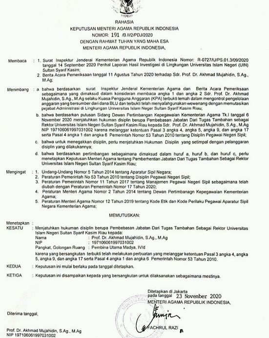 Rektor UIN Suska Pekanbaru Dicopot, SK Pemberhentian Beredar Luas