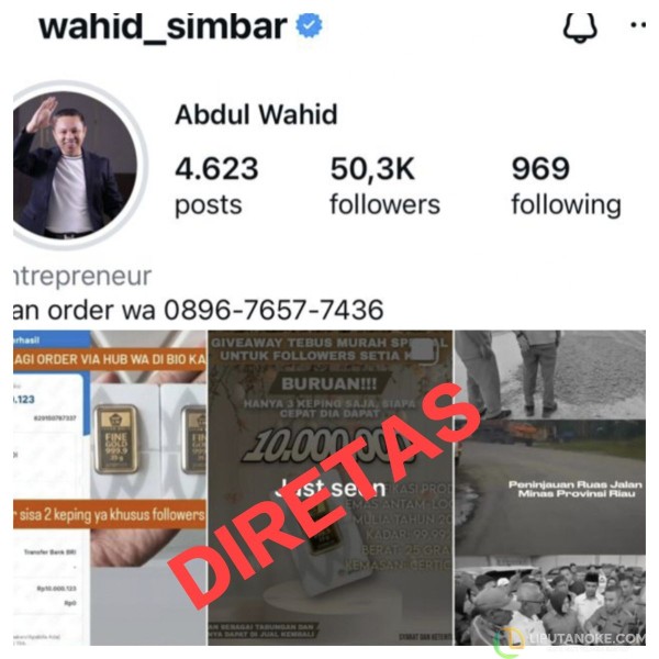 Akun Instagram Gubri Abdul Wahid Diretas, Oknum Sebar Penipuan Penjualan Emas