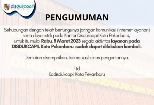 Mulai Hari Ini Layanan di Kantor Disdukcapil Pekanbaru Kembali Efektif