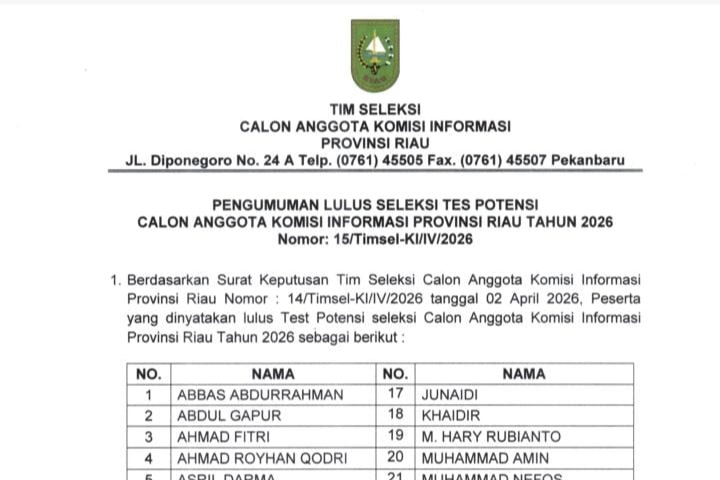31 Peserta Lulus Tes Potensi Calon Anggota KI Provinsi Riau, Ini Nama-namanya